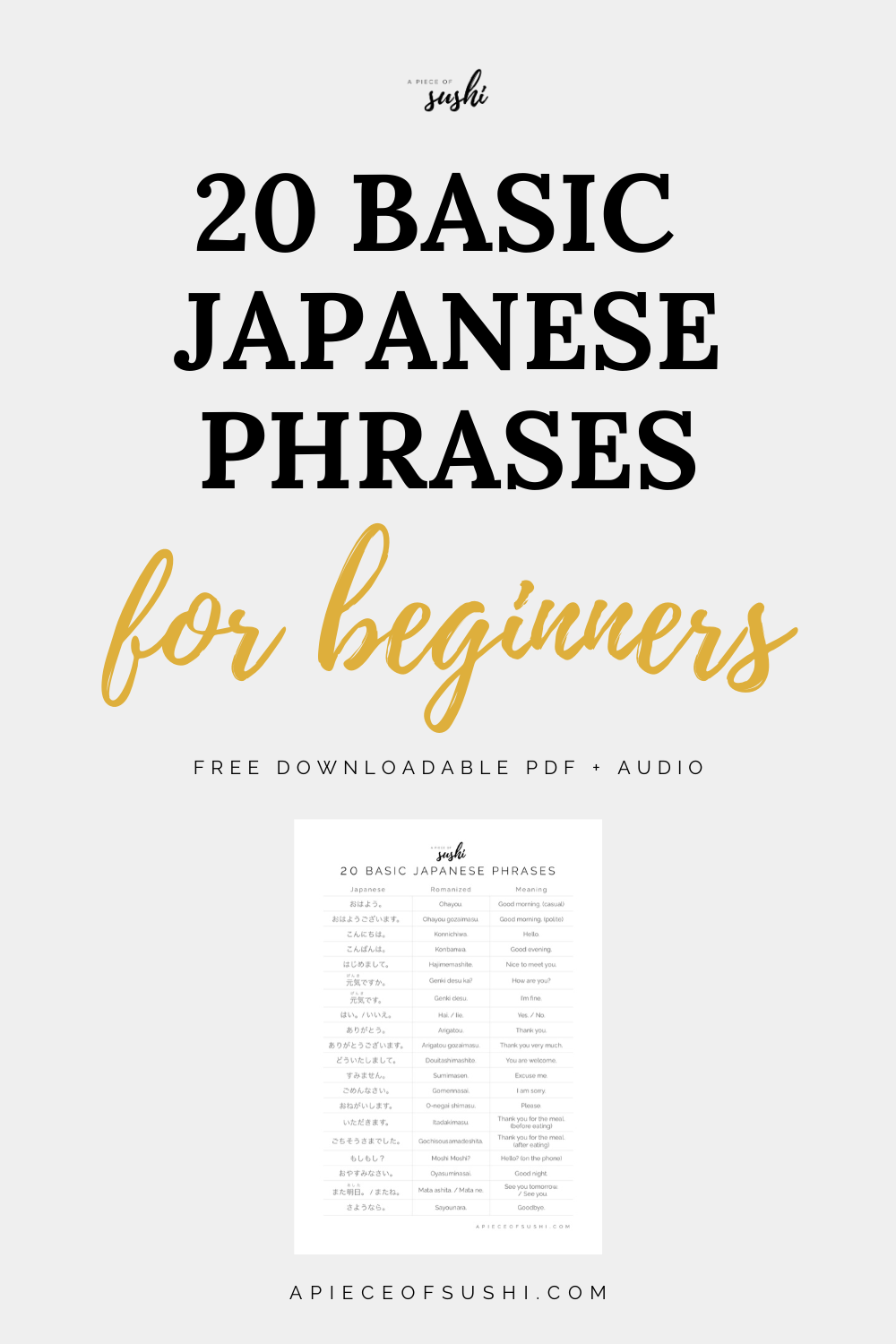 20 Basic Japanese Phrases for Beginners (Part. 2) Free Printable PDF