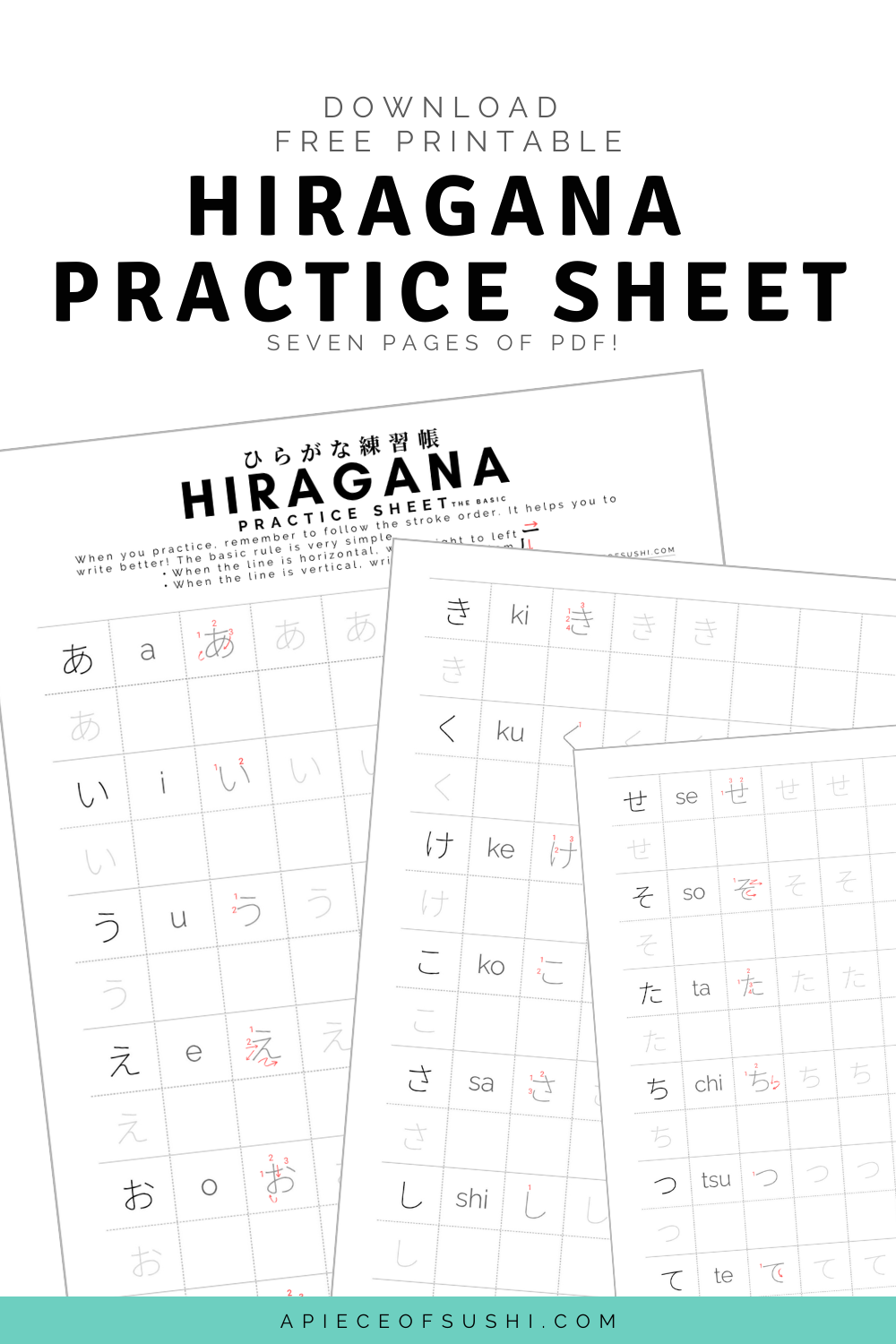 Hiragana Practice Sheet Free Download 7 Pages Workbook Printable PDF A PIECE OF SUSHI