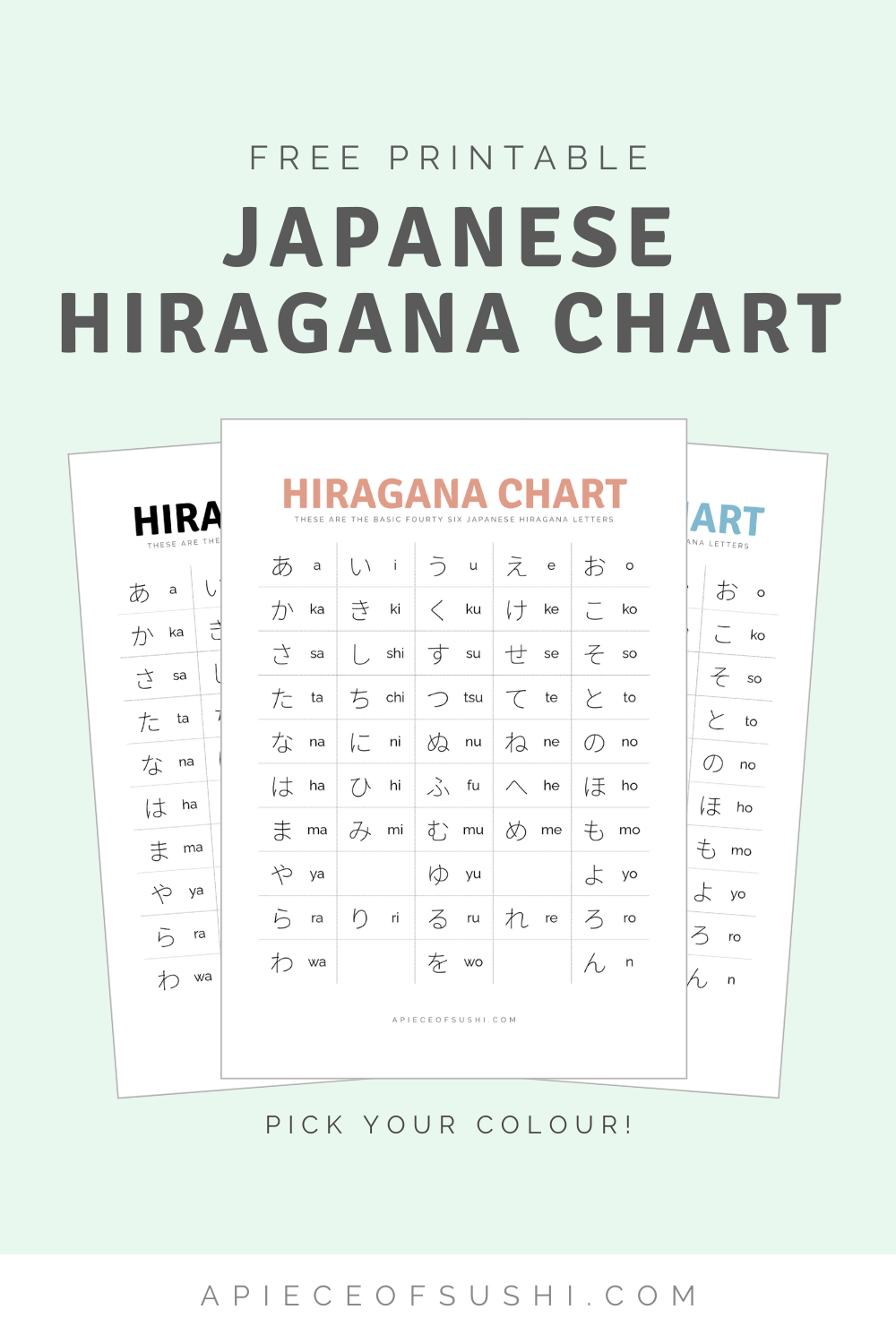 hiragana chart free download printable pdf with 3 different colours a piece of sushi