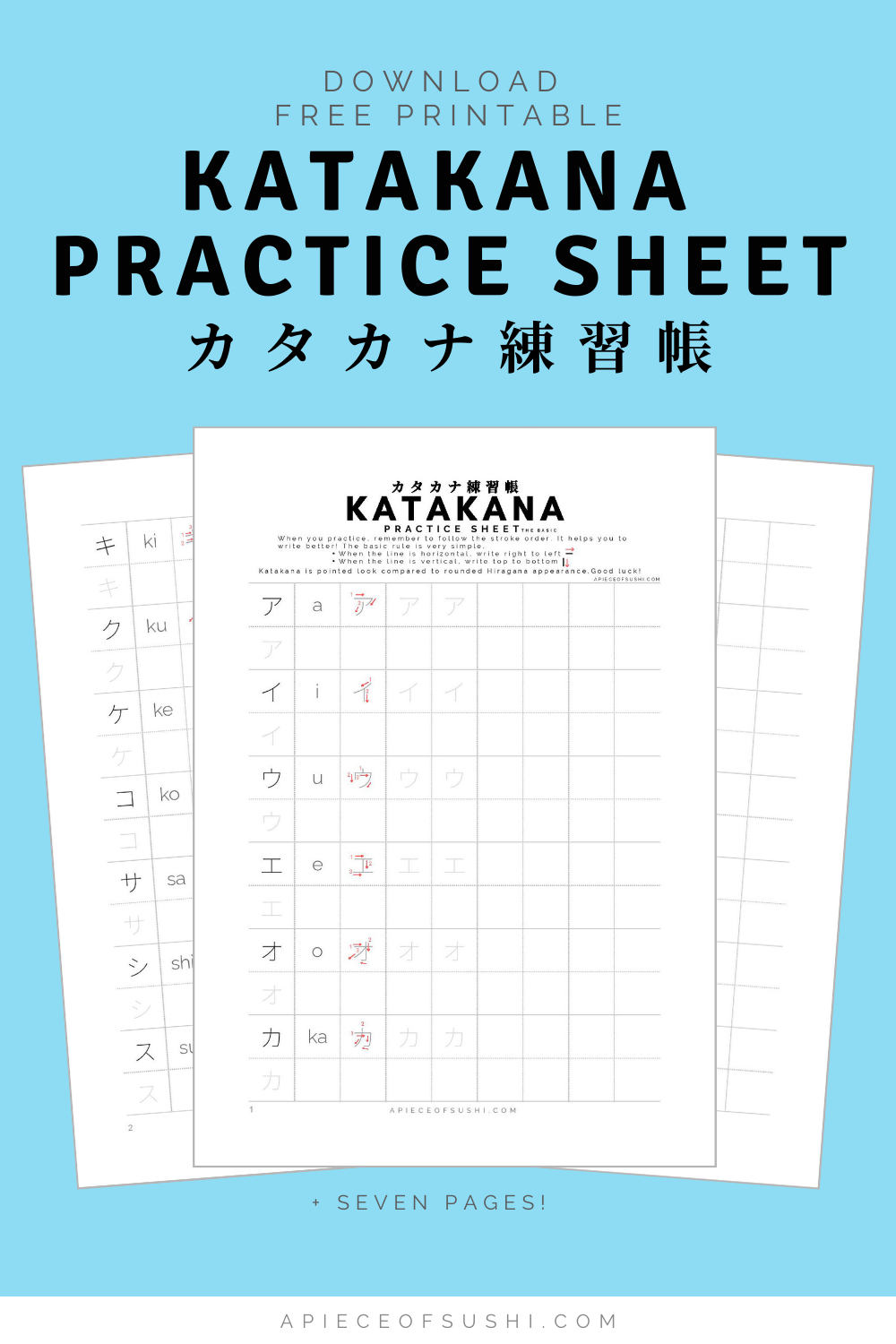 Katakana Practice Sheet Free Download 7 Pages Workbook Printable Pdf カタカナ練習帳 A Piece Of Sushi